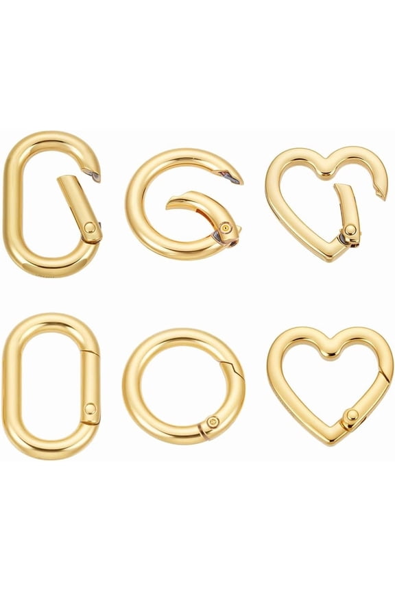 6Pcs 3 Styles Brass Spring Gate Rings Round Heart Oval Golden 24-31x20-25.5x3.5-4.2mm 2pcs/style