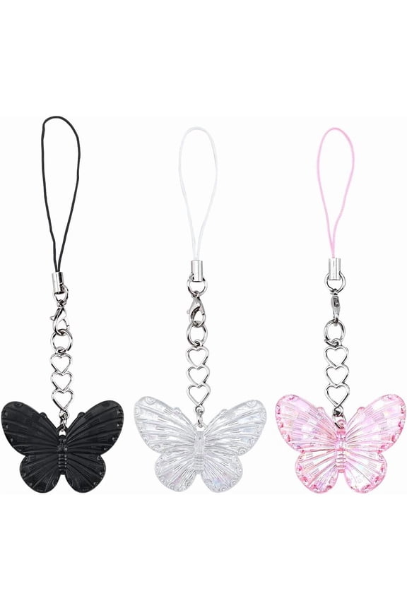 6Pcs 3 Styles Butterfly Phone Charm Strap Acrylic Aesthetic Decorative Cell Phone Chain Lanyard String Accessories