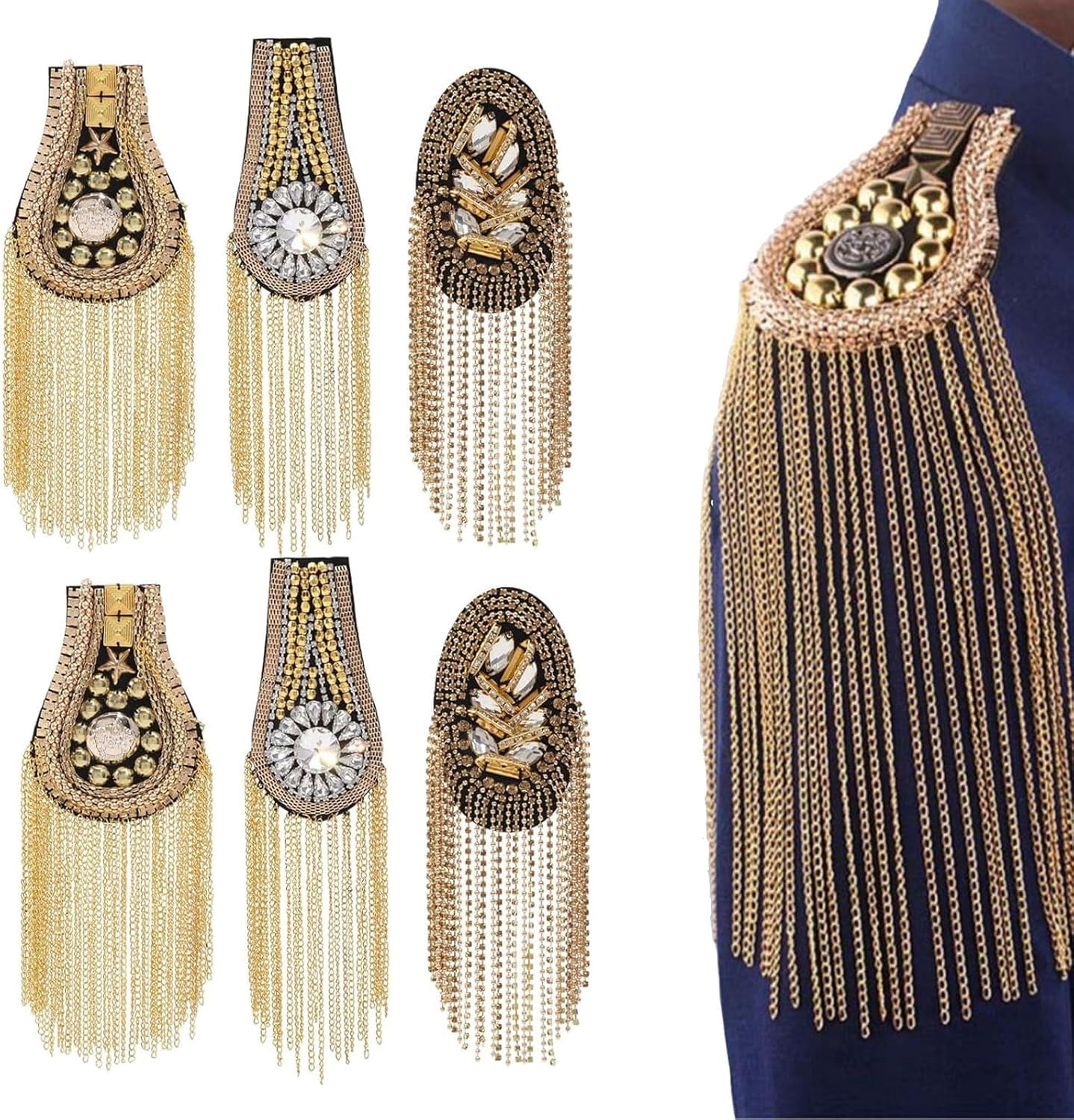 6Pcs 3 Styles Fashionable Tassel Epaulettes Shoulder Badge with Iron Chains & Pin Cloth Findings Golden 170~250x56~65x8.5~13mm 2pcs/style