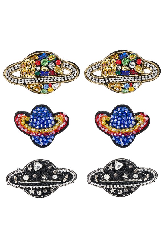 6Pcs 3 Styles Glass Rhinestone & Wool Planet Brooches with Iron Pins Platinum Mixed Color 45~52mm 2pcs/style