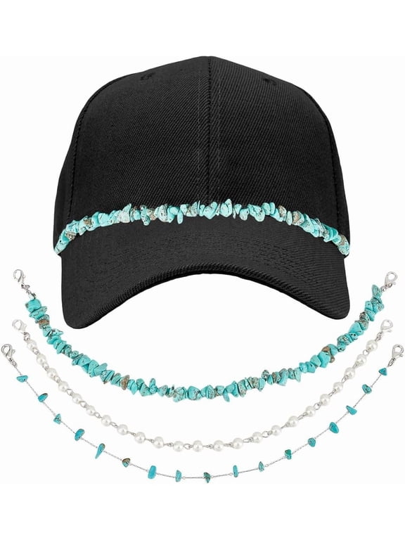 6Pcs 3 Styles Hat Chains Bulk Caps Chain Accessories atural Turquoise Plastic Pearl Stone Chip Bar Sports Hat Brim Chain For Women Trucker Diy Mesh Baseball Caps Accessories Craft Silver
