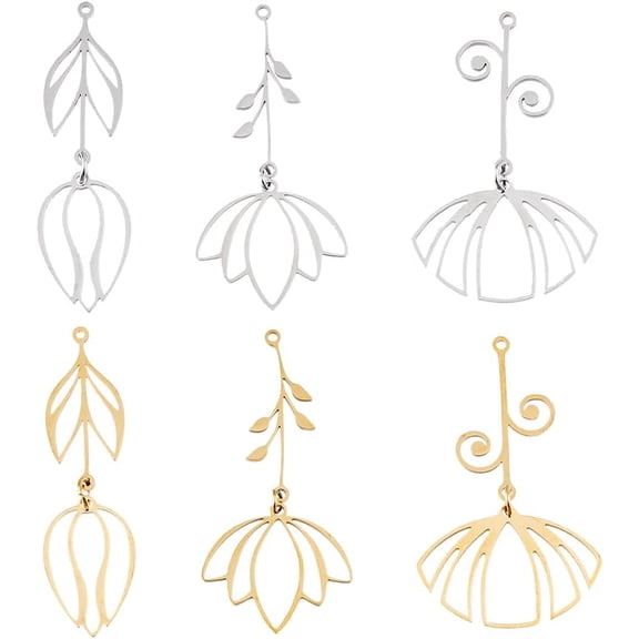 6Pcs 3 Styles Hollow Flower Charm Spring Blossom Charms Stainless Steel Cute Dangle Charms Gold Silver Big Plant Charms Vintage Charms Open Back Bezel Pendants