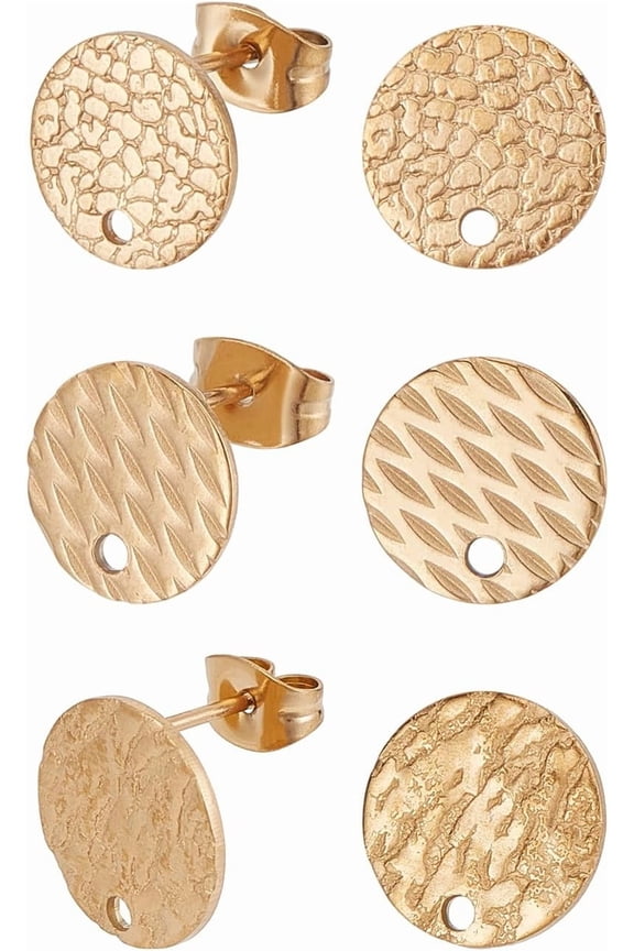 6Pcs 3 Styles Ion Plating(IP) 304 Stainless Steel Ear Stud Findings with Ear Nuts/Earring Backs and Hole Textured Flat Round with Spot Lines Golden 10mm Hole: 1.2mm Pin: 0.8mm 2pcs/style