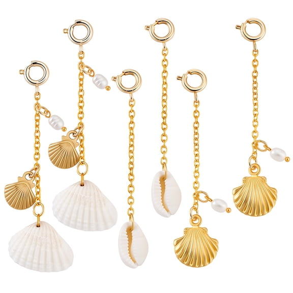 6Pcs 3 Styles Natural Pearl & Shell and Alloy Bikini Pendant Decoration with Brass Spring Ring Clasps Golden 70~75mm 2pcs/style DIY