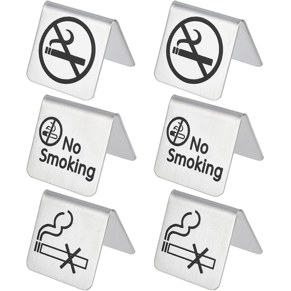 6Pcs 3 Styles No Smoking Table Sign Stainless Steel Metal Warning Non Smoking Desk Logo Display Signs Double Side Table Sign for Hotel Hospitals Restaurant Office Clubs Room Business