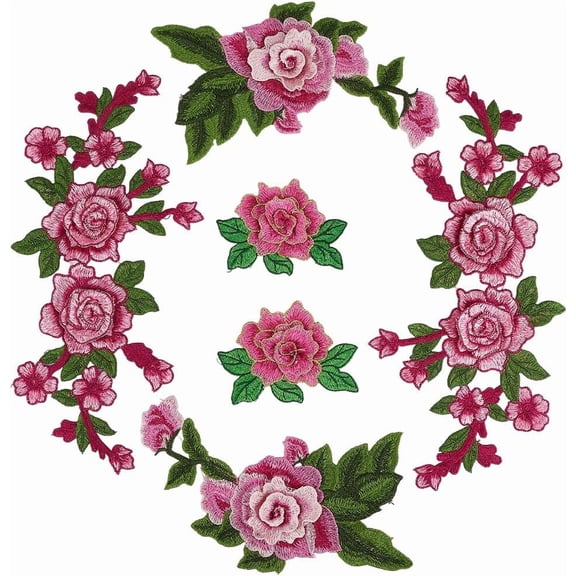 6Pcs 3 Styles Pink Green Flower Embroidered Patches Vintage Rose Sew on Patch Assorted Floral Embroidery Repair Badge Appliques Bulk for Sewing Making Dress Clothes Crafts Shirt Decor Supply
