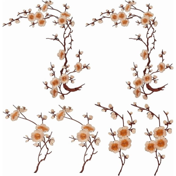 6Pcs 3 Styles Plum Blossom Appliques Embroidery Iron On Patches Embroidered Fabric Flower Applique Sewing Repair PeachPuff Appliques for Jackets T-Shirts Dress DIY