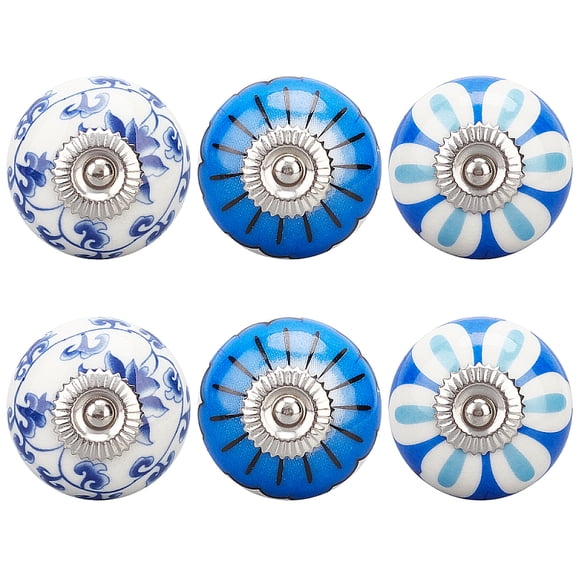 6Pcs 3 Styles Printing Porcelain Drawer Knobs for DIY with Iron Finding and Screw Cupboard and Dresser Rondelle with Flower Pattern Porcelain