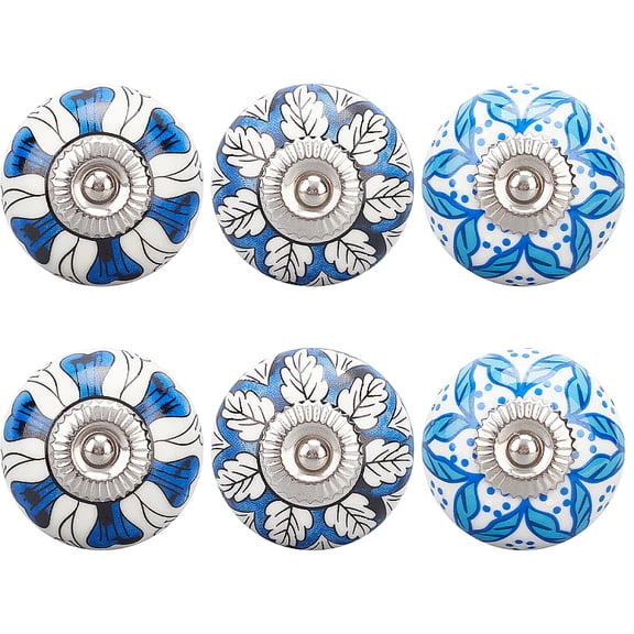 6Pcs 3 Styles Printing Porcelain Drawer Knobs for Home Cabinet Cupboard and Dresser Rondelle with Flower Pattern for DIY Porcelain