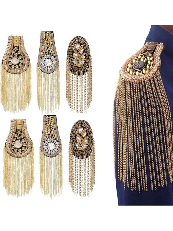 6Pcs 3 Styles Rhinestone Tassel Shoulder Applique with Iron Chains & Pin Fringe Patch Shoulder Badges Crystal Fringe Shoulder Epaulette Shoulder Badge for Women DIY Jacket Clothes DIY