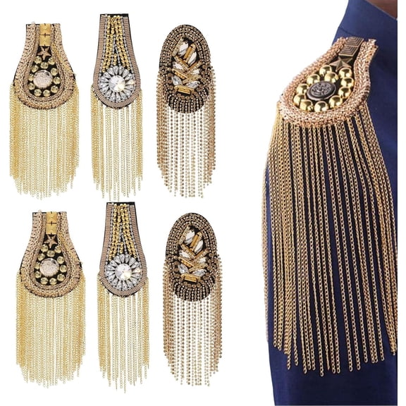 6Pcs 3 Styles Rhinestone Tassel Shoulder Applique with Iron Chains Pin Fringe Patch Shoulder Badges Fringe Shoulder Epaulette Shoulder Badge for Women DIY Jacket Clothes for DIY