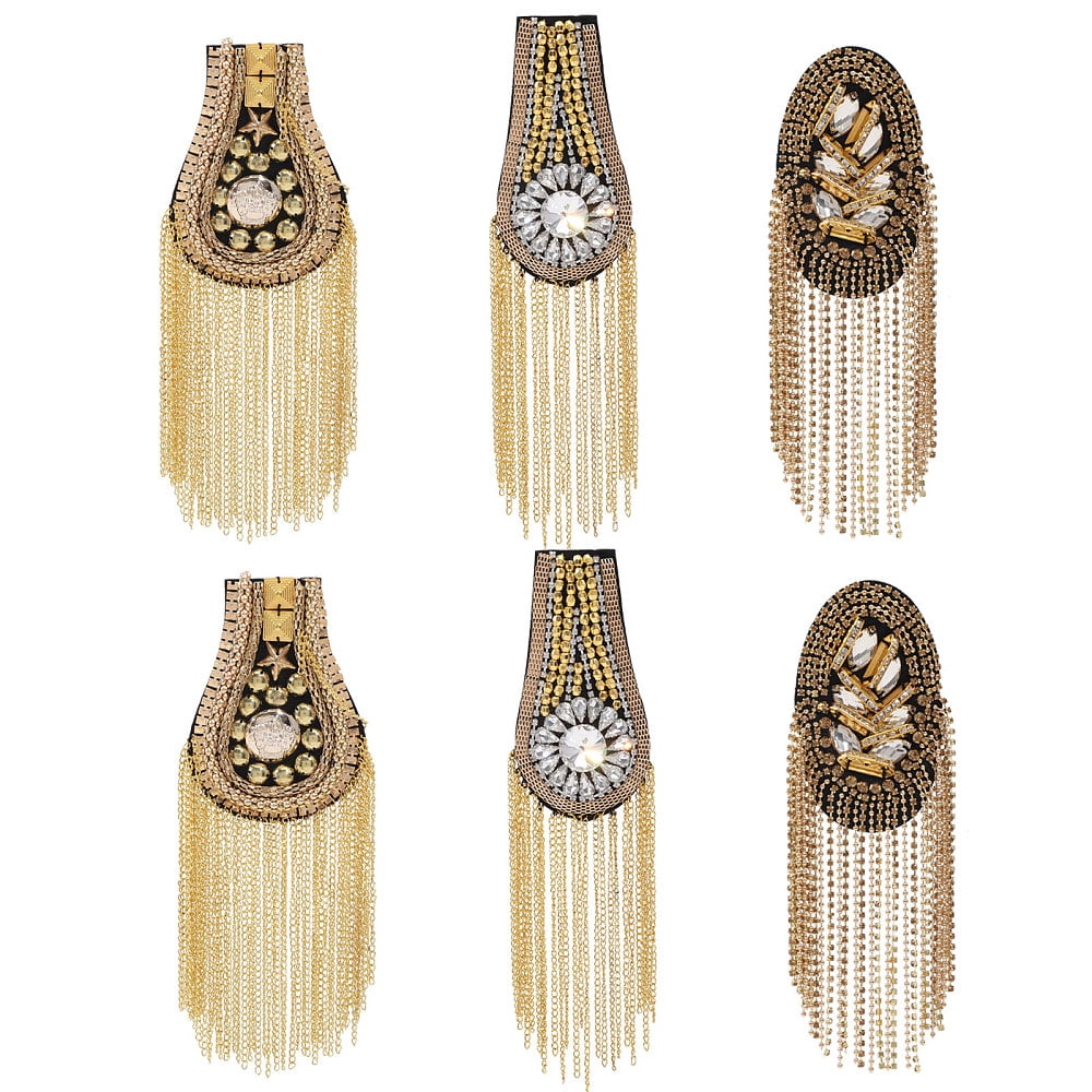 6Pcs 3 Styles Rhinestone Tassel Shoulder Applique with Iron Chains & Pin Fringe Patch Shoulder Badges Fringe Shoulder Epaulette Shoulder Badge