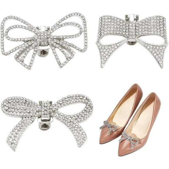 6Pcs 3 Styles Shoe Clips Bowknot Rhinestone Alloy Platinum Shoe Decoration Charms Detachable Shoe Buckle on Flat Shoes Heel Shoes for Women Girls Wedding Party Craft Accessories Silver DIY