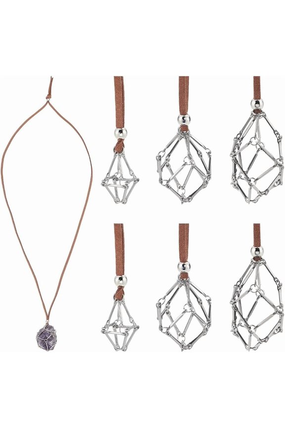 6Pcs 3 Styles Stainless Steel Macrame Pouch Necklace Adjustable Necklace Empty Stone Holder Nets Necklace Pendant with Camel Suede Cord for Necklaces Making 31.65-32.13 Inch