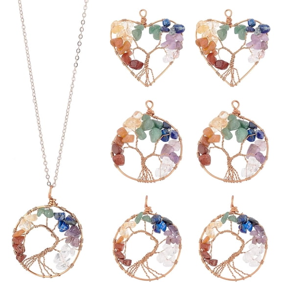 6Pcs 3 Styles Tree of Life Wire Wrapped Pendant 53.5~54.5x42~45.5mm Quartz 7 Crystals Gemstone Charms Life of Tree Pendant Charms for Jewelry Making Hole: 5.5mm 1box