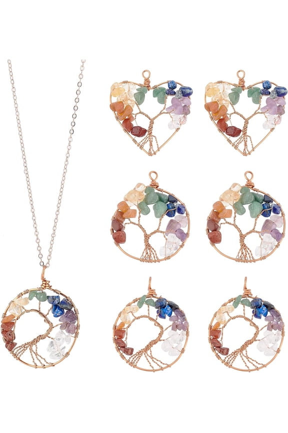 6Pcs 3 Styles Tree of Life Wire Wrapped Pendant 53.5~54.5x42~45.5mm Quartz 7 Crystals Gemstone Charms Life of Tree Pendant Charms for Jewelry Making Hole: 5.5mm Mixed Color