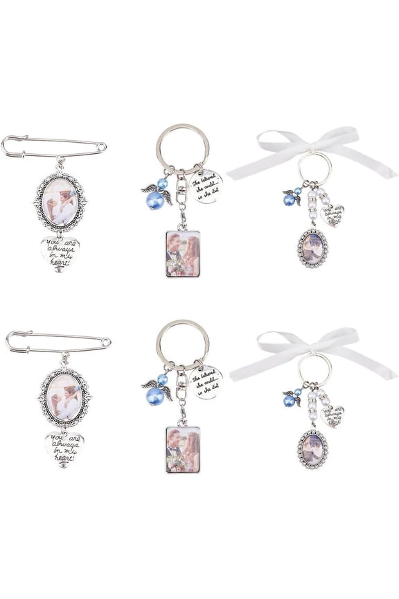 6Pcs 3 Styles Wedding Bouquet Photo Charm Memory Bride Pendant Charms Lacy Frame Pin Ovel Picture Frame Holder Charms with Cabochons Bride Angel Charm for Bridal Shower Bachelor Party for diy