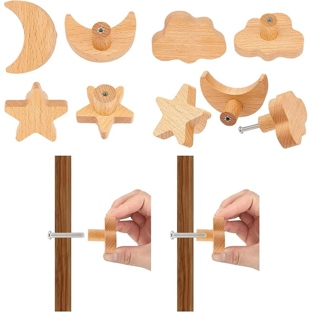 6Pcs 3 Styles Wood Wall Hooks Star Moon Cloud Hat Hooks Decorative Wall