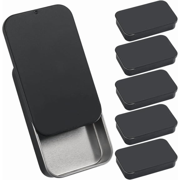 6Pcs 3 x 2 x 0.6 Inch Metal Slide Tin Box Small Slide Top Tin Container Black Lid Empty Hinged Rectangle Iron Mini Trinket Tinplate Containers for Candies Pills Jewelry Crafts Survival Kits for DIY