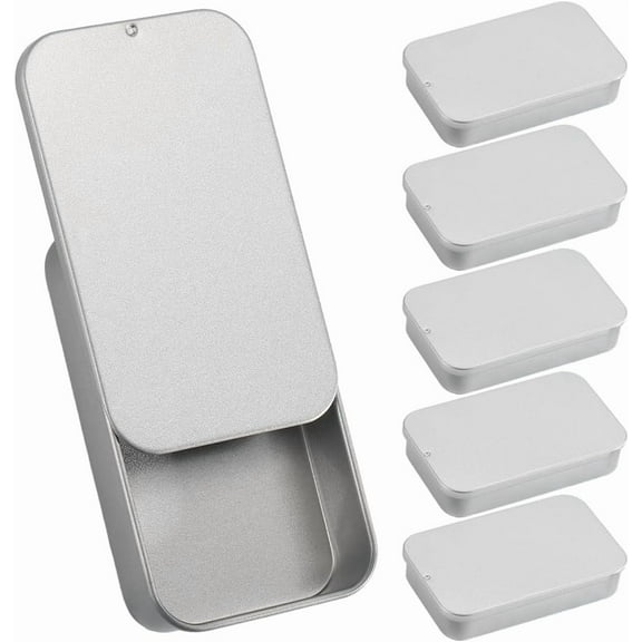 6Pcs 3 x 2 x 0.6 Inch Slide Top Tin Box Metal Slide Containers Silver Small Mini Empty Rectangular Trinket Lid Tinplate Hinged Storage Container for Beads Jewelry Crafts Survival Kit Silver