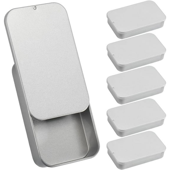 6Pcs 3 x 2 x 0.6 Inch Slide Top Tin Box Metal Slide Containers Silver Small Mini Empty Rectangular Trinket Lid Tinplate Hinged Storage Container for Beads Jewelry Crafts Survival Kit