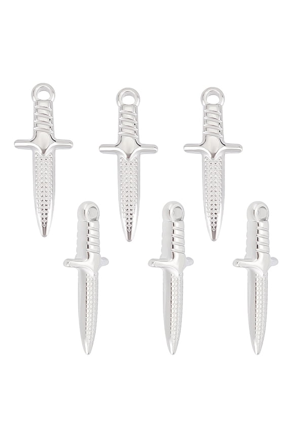 6Pcs 304 Stainless Steel Pendants Dagger Charm 925 Sterling Silver Plated 24x9x4mm Hole: 1.8mm