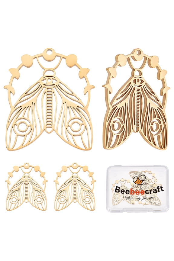 6Pcs 304 Stainless Steel Pendants Laser Cut Moon Phase with Moth Charm Real 18K Gold Plated 30x26x1.5mm Hole: 1.5mm