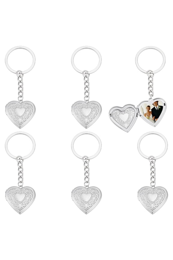 6Pcs 316 Stainless Steel Photo Locket Keychain with Iron Split Key Rings Heart Stainless Steel Color 85mm DIY