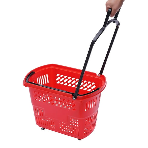 6Pcs 35L Red Rolling Shopping Basket W/Wheels and Handle in Supermarkets Modern Basket Plastic Trolley Rolling Shopping Baskets or Carrying and Storing Clothing, Groceries