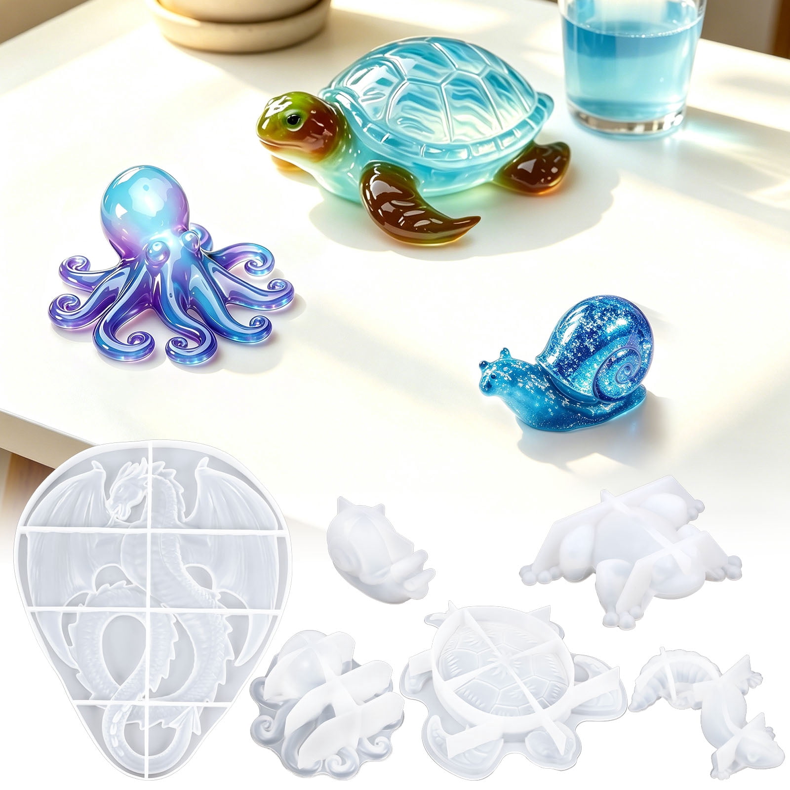 6Pcs 3D Animal Silicone Mold Set Frog Lizard Snail Octopod Turtle Dragon Resin Casting Mold for Home Decor Garden Ornament Handmade Craft