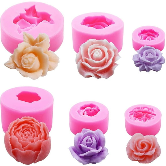 WSNIJFU 6Pcs 3D Flower Silicone Molds Set, Bloom Rose Silicone Molds for Soap Making ,Peony Molds for Handmade Chocolate, Cupcake, Dessert Decoration