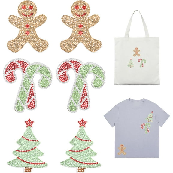6Pcs 3Styles Christmas Iron on Patches Various Styles Rhinestone Glitter Gingerbread Man Embroidered Applique
