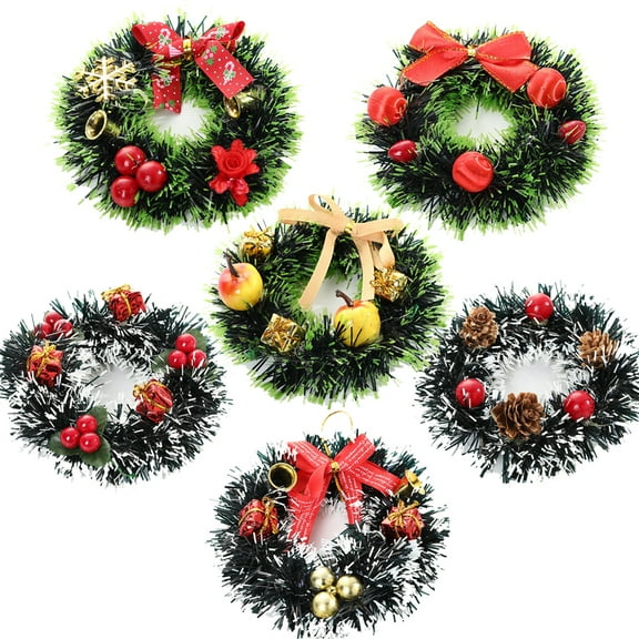6Pcs 4.7inch Christmas Pine Wreaths, PVC Mini Christmas Wreath for Front Door Christmas Holiday Indoor Home Decorations