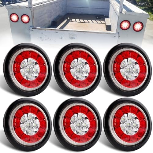 6Pcs 4" Inch Round LED Trailer Tail Lights With Backup Reverse Lights Integrated 16 LED Brake Stop Running Turn Reverse Signal Lights Grommet Mounting For Trucks Trailer RV IP67 Waterproof