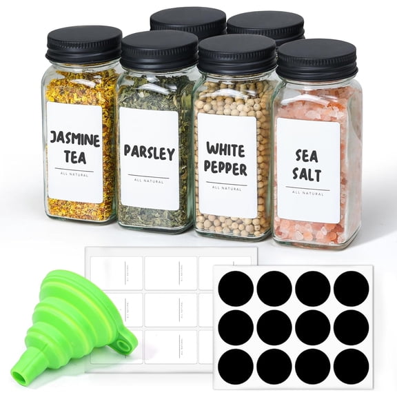 6Pcs 4oz Glass Spice Jars with Shaker Lids, 21 Labels, Spice Jars Trial Set & Supplement Set, Empty Spice Containers and Square Spice Bottles for Kitchen and Seasoning