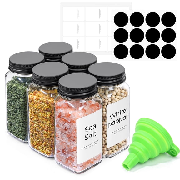 ComSaf 6 Pack 4oz Glass Spice Jars Square with Shaker Lids 21 Labels Empty Seasoning Bottles for Kitchen