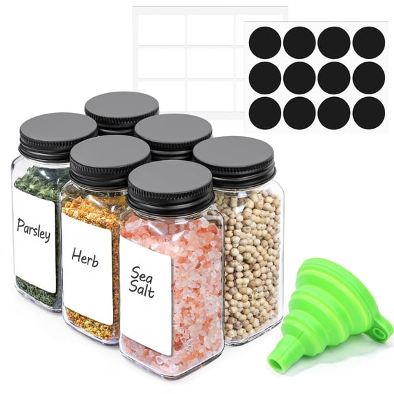 6Pcs 4oz Square Glass Jars with Shaker Lids, 21 Labels for Spice Organization, Empty Containers for Herbs Tea Seasonings, Kitchen Pantry Set, Clear