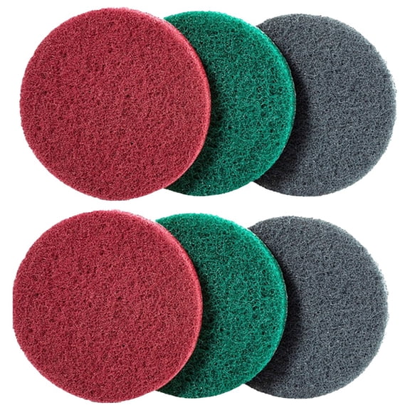 6Pcs 5 Inch Drill Scouring Pads for Rust Removal, Industrial Nylon Polishing Buffing Abrasive Discs Green Red gray Cleaning Kit