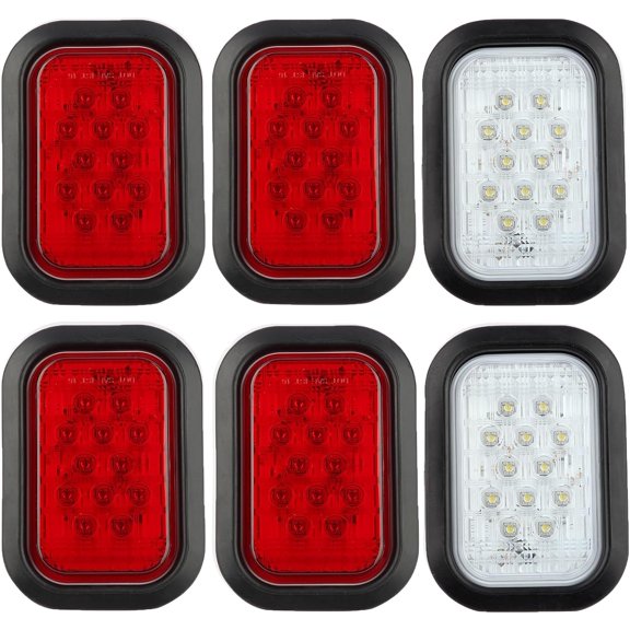 6Pcs 5"x3" Rectangle LED Stop/Turn/Tail/Brake & Backup Reverse Truck Trailer Tail Hitch Flatbed Lights 12 LED w/Grommets & 3 Prong Wire Pigtail Plug Kit IP67 Waterproof (4xRed+2xWhite)