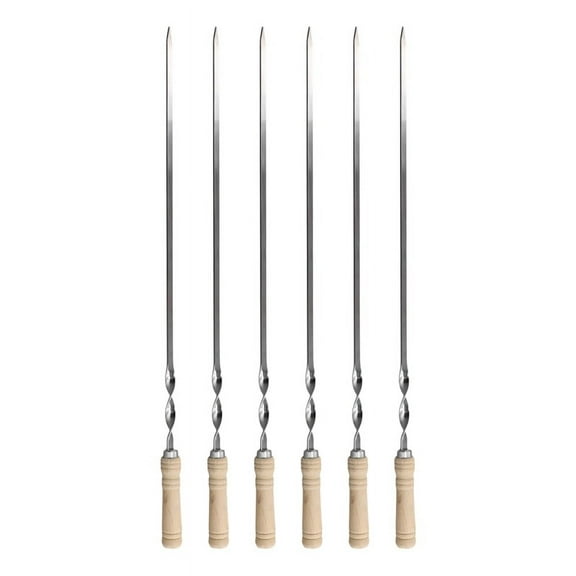 6Pcs 55cm BBQ Skewers Long Handle Shish Kebab Barbecue Grill Stick Wood BBQ Fork Stainless Steel Outdoors Grill Needle