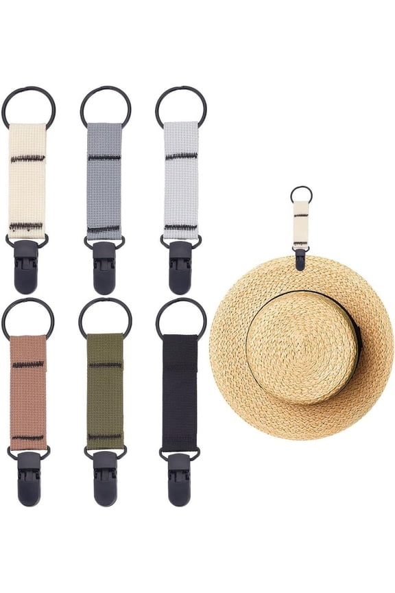 6Pcs 6 Colors Alloy Hat Clip for Travel with Nylon Strap & Plastic Clasp Mixed Color 150mm 1pc/color