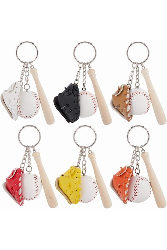 6Pcs 6 Colors Baseball Bat Keychain Bulk Mini Baseball Keychains Wooden Bat Baseball Gloves Key Ring PU Leather Sports Keychains Men Women Team Athletes Souvenir Birthday Mixed Color 1set