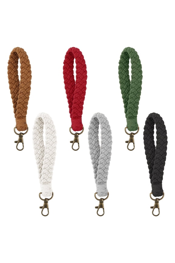 6Pcs 6 Colors Cotton Wristlet Straps Short Purse Straps Keychain Lanyard with Alloy Swivel Clasp Mixed Color 18cm 1pc/color diy