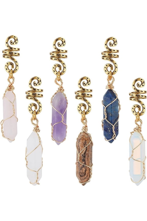 6Pcs 6 Colors Dreadlock Jewelry Pendant Gemstone Dreadlock Accessories Hair Rings Hair Beads for Braids Cuffs Hair Clips Jewelry Decoration Braiding for Woman Hair Styling