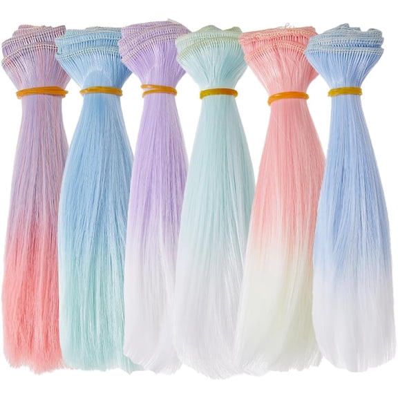6Pcs 6 Colors Hair Wig 15cm Straight Short Hair Plastic Dolls Hairs Weft Extensions Gradient Color Hairs Replacement for Dolls Making Kits Arts Supplies