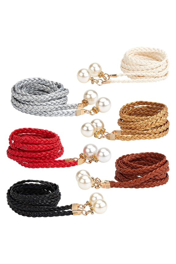 6Pcs 6 Colors Imitation Leather Chain Belts with Imitation Pearl Thin Waist Belts for Women Mixed Color 53-1/2~54-3/8 inch(136~138cm)
