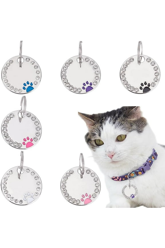 6Pcs 6 Colors Pet Tags Engraved Shining Cat Dog Pendants Bling Glitter Dog Name Tags Keychain Charms Accessories Cute Round Pawprint Bag Charms Blank Animal ID Tags