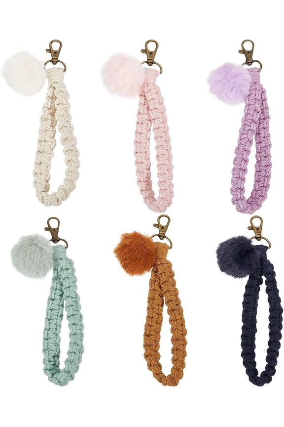 6Pcs 6 Colors Pom Pom Ball Boho Macrame Wristlet Keychain Handmade Knitted Wrist Lanyard Pendant Decorations with Pom Pom Ball and Swivel Clasps