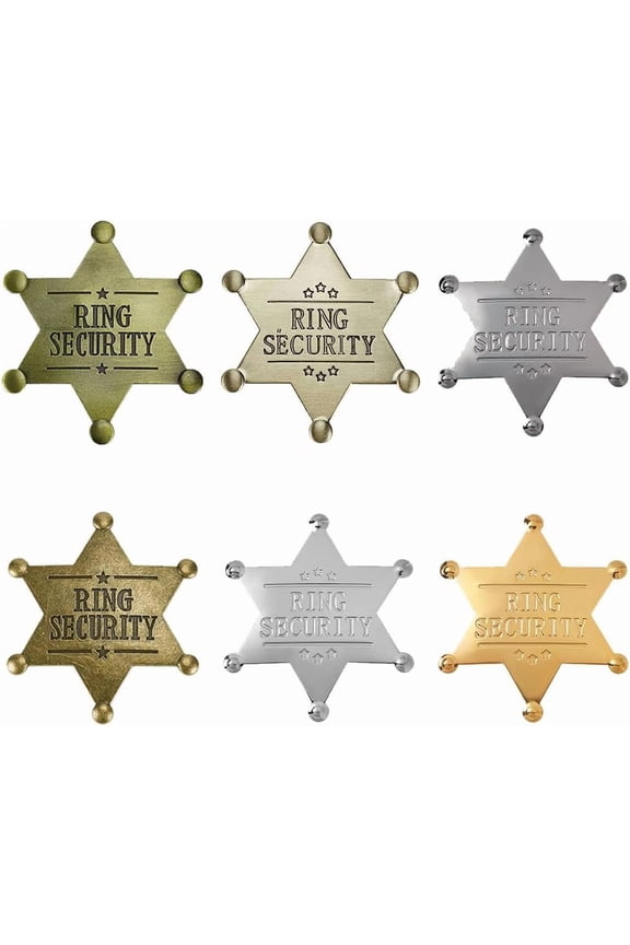6Pcs 6 Colors Ring Security Word Badge Star Alloy Brooch Pin for Backpack Clothes Mixed Color 67~70x59~61.5mm