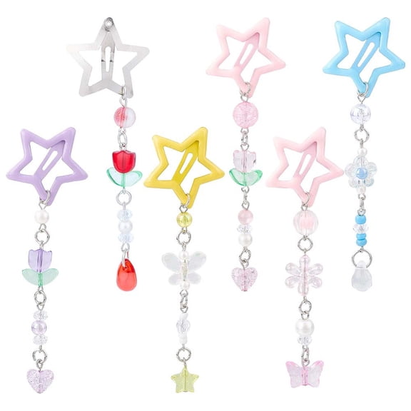 6Pcs 6 Colors Star Iron & Plastic Snap Hair Clips Hair Accessorise for Girls Mixed Color 111mm 1pc/color